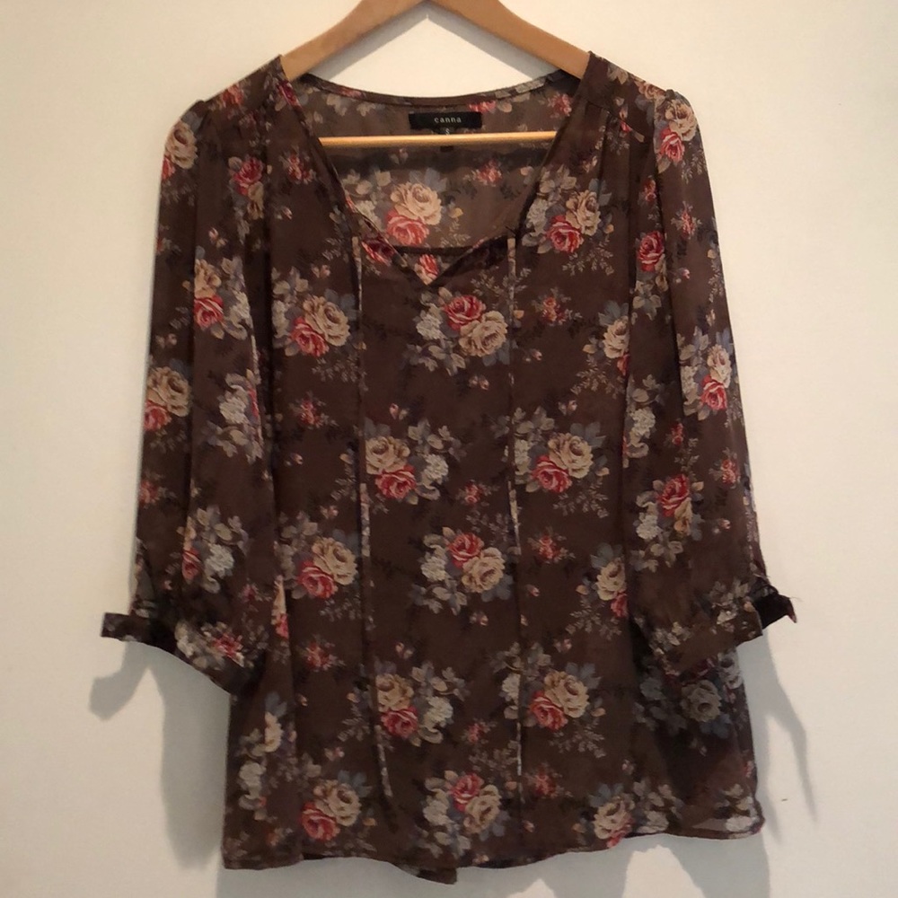 Brown Floral Split Tunic Blouse